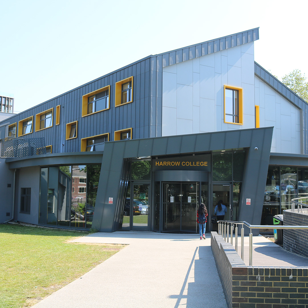 Exterior building image of Harrow on the Hill campus, Harrow College - grey building with yellow trim