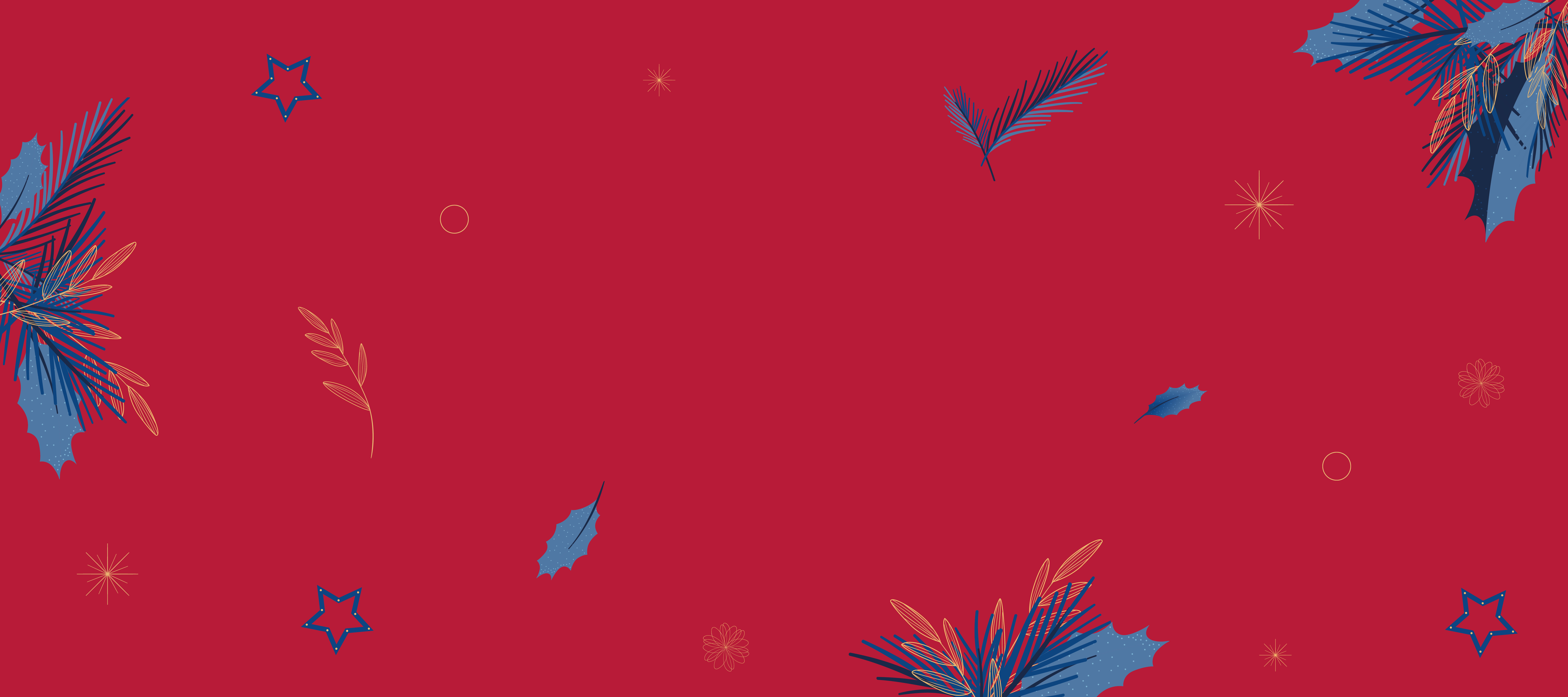 Harrow College Seasons Greetings - red background with blue and gold stars and leaves 