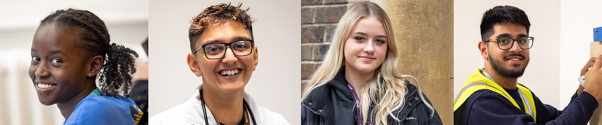 4 of our Harrow students smiling at the camera, representing different courses we have at the College.