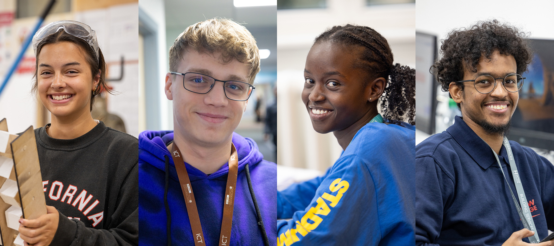 Four Harrow College students in a photo montage. They are all smiling at the camera.
