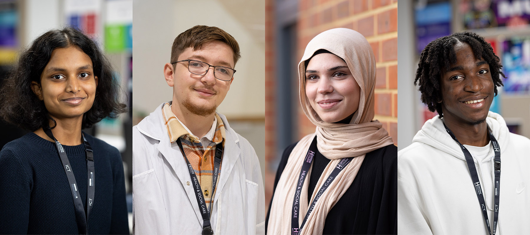 Four Harrow College students. A girl with shoulder length hair wearing a blue top and black lanyard, a boy in a lab coat and wearing glasses, a girl standing against a brick wall, a boy wearing a white hoodie and black lanyard.