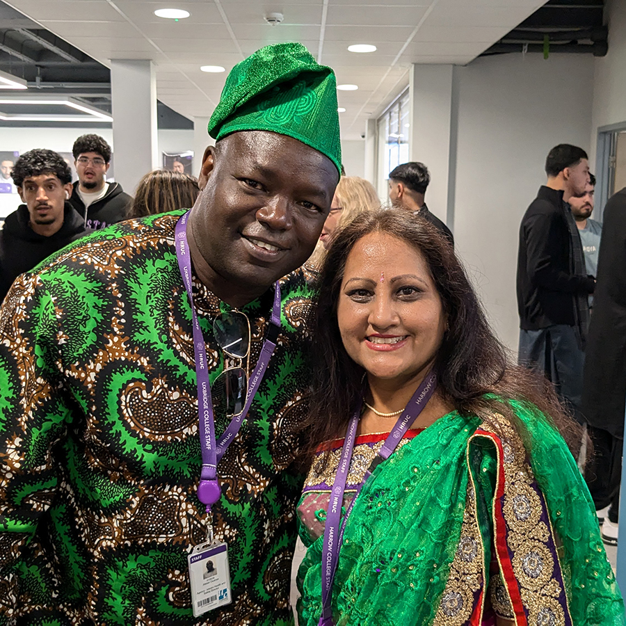 Staff members wearing their national cultural clothing for Harrow College's Fusion Fiesta - Cultural Day 