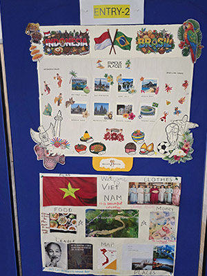 One of the cultural stands at the Harrow College Fusion Fiesta. It is showcasing Indonesia, Brazil and Vietnam with images representing each country and the culture.
