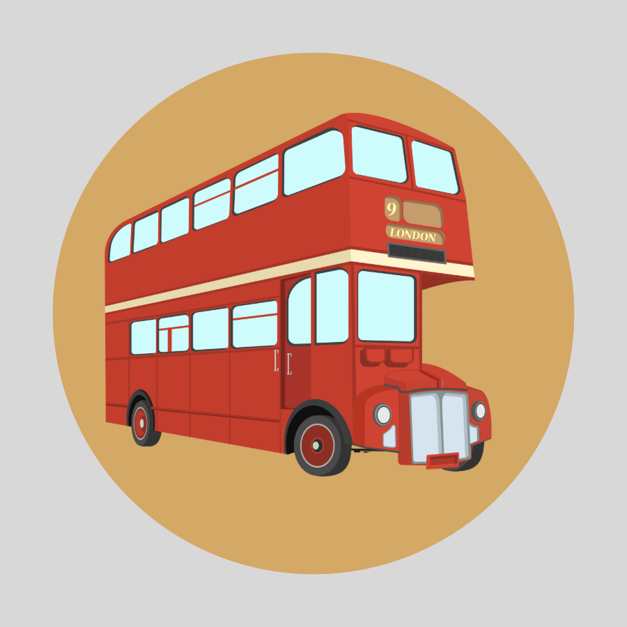 yellow circle with red route master bus in the middle